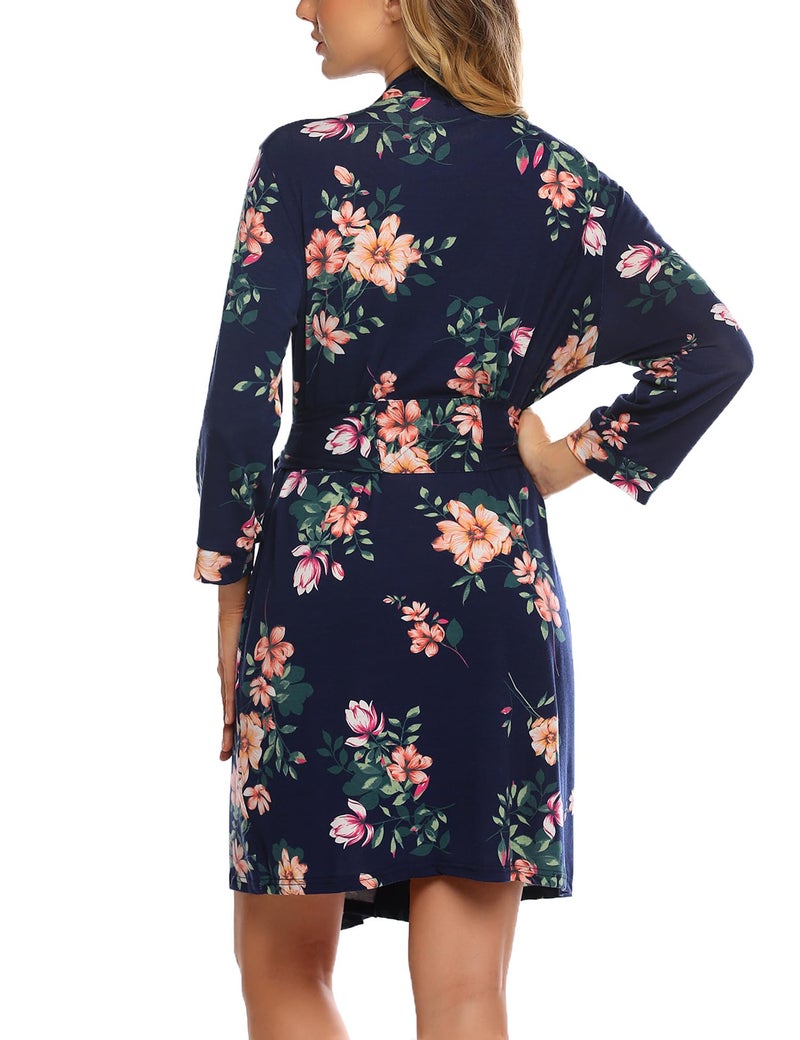 HOTOUCH Bathrobe for Women Short Knit Summer Knee Length Robes 3/4 Sleeve Robe Loungewear Navy Floral M - Image 4